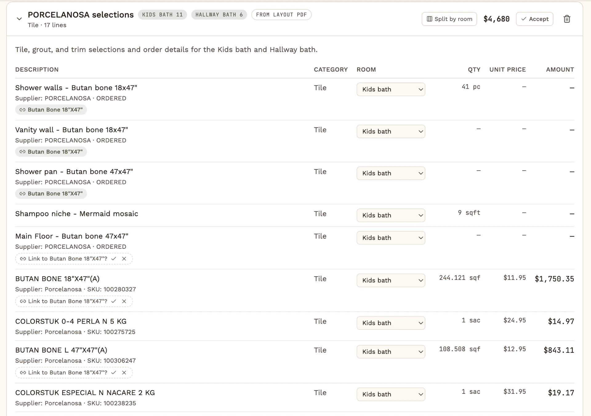 RenoStudio quotes view showing parsed line items split by room with quantities, unit prices, and amounts